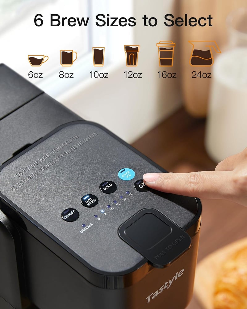 Tastyle Single Serve Hot & Iced Coffee Maker with Strong Brew, 40oz Removable Reservoir, 6 Brew Sizes, Compatible with K Cup and Grounds, Compact for Home, Office, RV and Dorm, Black (2.0 Version) - Image 4